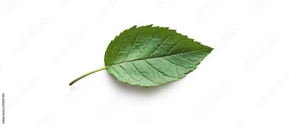 Aufkleber single green mint leaf positioned horizontally on a bright white background showcasing intricate det