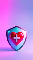 Fototapeta premium 3D heart bearing medical cross on shield over gradient backdrop, symbolizing protection and dedication in healthcare services