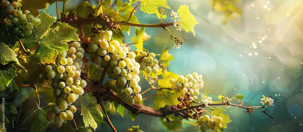 Poster blooming grapevine with green leaves and developing bunches illuminated by soft light against a blur