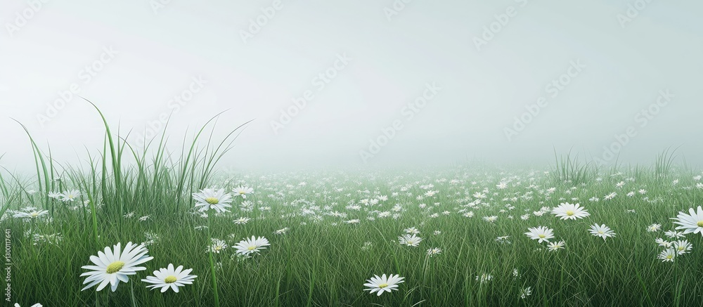 Aufkleber serene green meadow filled with delicate white daisies under a soft misty atmosphere with ample nega