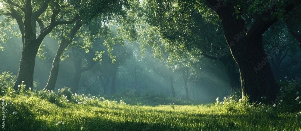 Aufkleber Sunlight filtering through lush green trees in a serene forest with soft light rays illuminating the grassy ground and vibrant foliage.