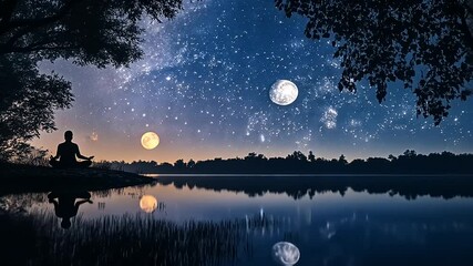 Serene meditation by a tranquil lake under a starry sky with celestial bodies in the background - Powered by Adobe