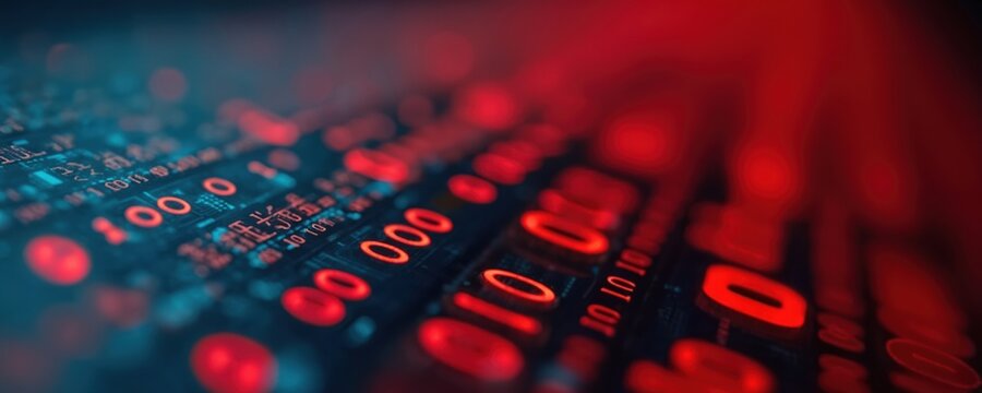 Close up shot of binary code digits. Abstract blue, red glowing digits. Digital technology background. Data processing, coding, software development, technologies, machine learning, artificial