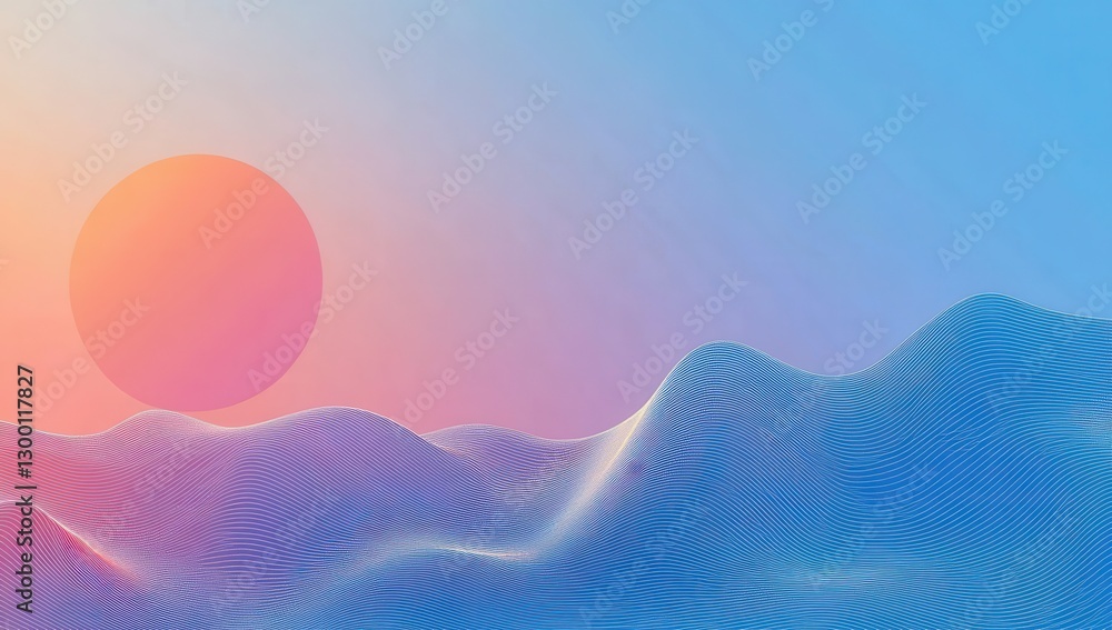 Poster abstract landscape with soft waves and gradient sunset in pastel colors creating a dreamy and serene