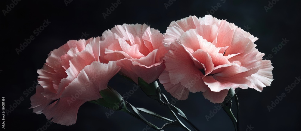Poster delicate soft pink carnation blooms with layered petals arranged on the left against a dark backgrou