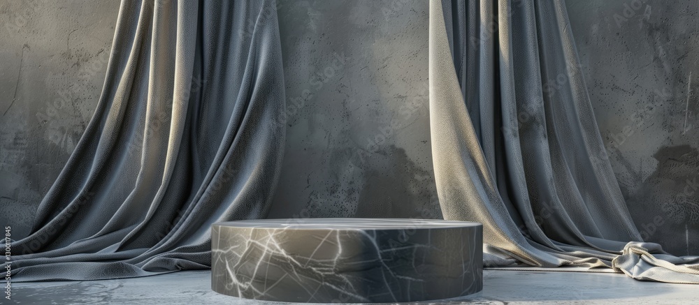 Leinwandbilder textured podium featuring gray scaly fabric with heavy drapery in soft folds, set against a muted ab