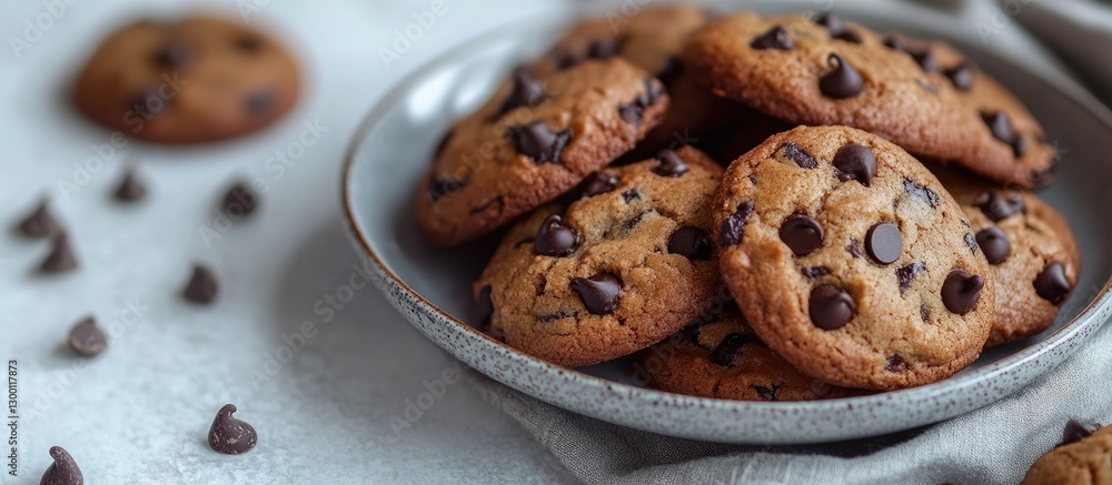 Poster homemade chocolate chip cookies arranged on a light gray plate with scattered chocolate chips on a s