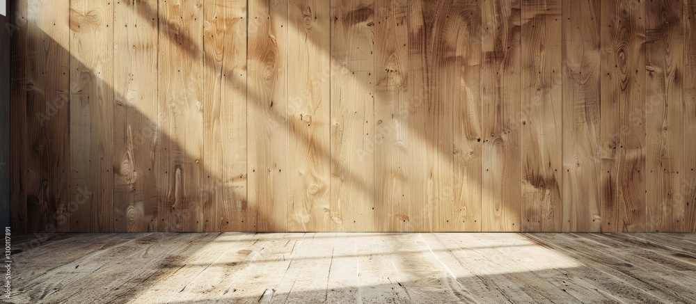 Poster wooden backdrop with warm tones and natural texture, featuring soft shadows across a flat wooden sur