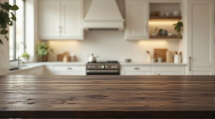 Fototapeta premium A clean wooden kitchen table with a sharp focus in the foreground, with a modern minimalist kitchen faintly visible in the background.