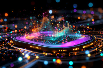 High-tech LCD display with floating animated chart showing fluctuating data points, glowing lines, and dark digital background for advanced data visualization