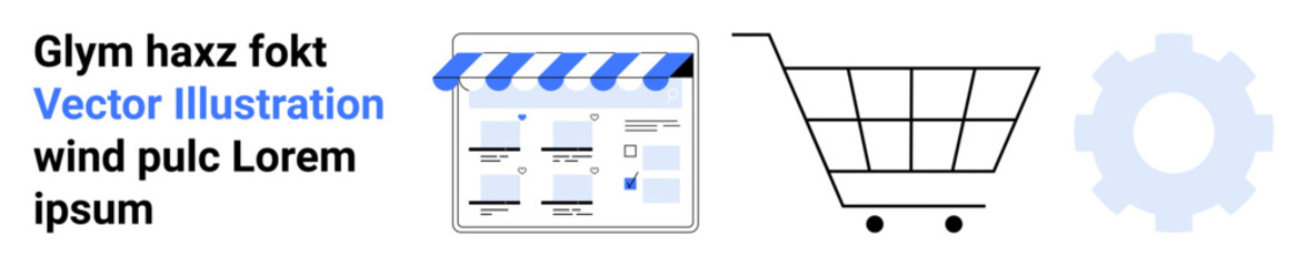 E-commerce storefront with blue and white awning, shopping cart, gear icon representing online shopping, business tools, and technology. Ideal for online retail, e-commerce solutions, shopping