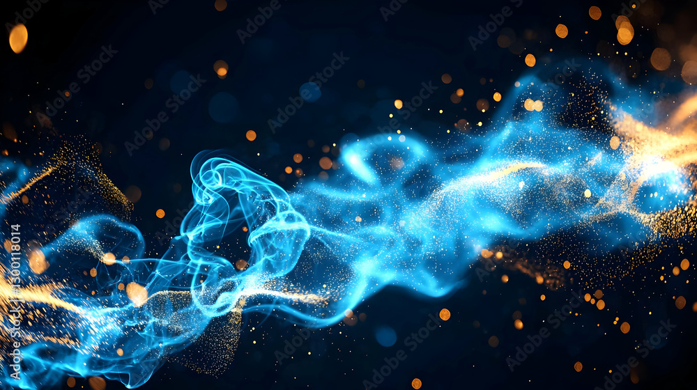 Poster abstract blue and orange energy wave flowing across dark background with sparkles and bokeh