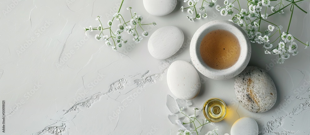 Aufkleber minimalistic spa flat lay featuring white stones aromatic oil and gentle greens creating a tranquil 