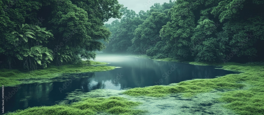 Poster misty tropical rainforest landscape with lush green foliage surrounding a serene blue lagoon reflect