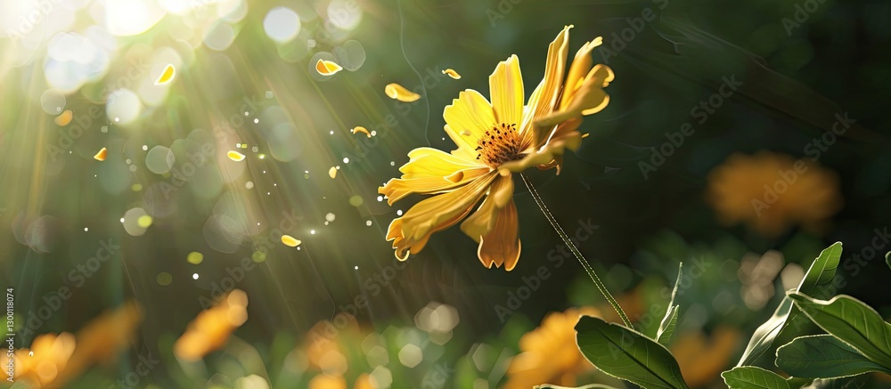Leinwandbilder yellow wildflower releasing petals in sunlight with a blurred green background and ample copy space 