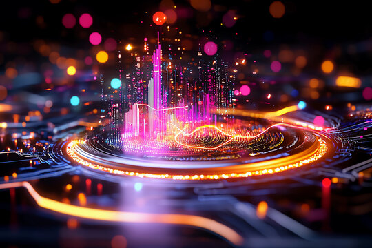 High-tech LCD display with floating animated chart showing fluctuating data points, glowing lines, and dark digital background for advanced data visualization