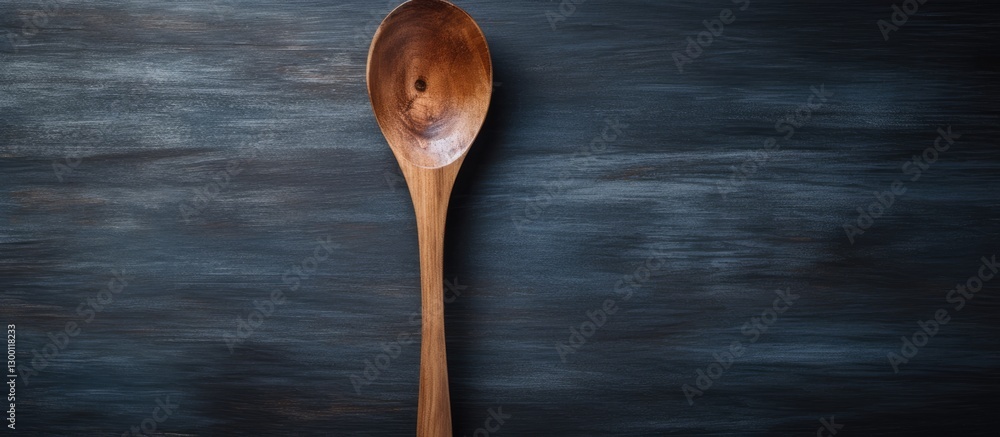 Poster top view of a wooden spoon on a dark textured surface with ample empty space for text or imagery, hi