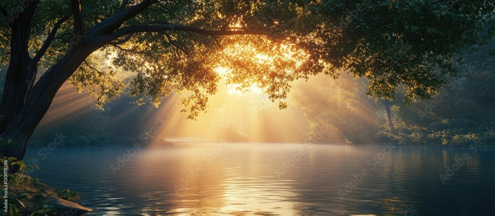 Aufkleber Serene sunset casting warm golden rays through lush tree branches over calm reflective waters creating a tranquil atmosphere in nature