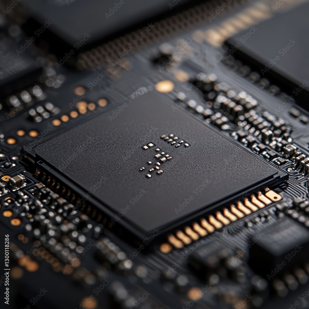 Poster close-up of a modern microchip on a circuit board