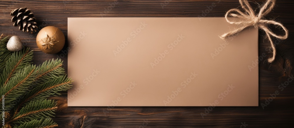 Poster stylish wooden card on a brown wooden background with pine cones and ornaments in gold and green top