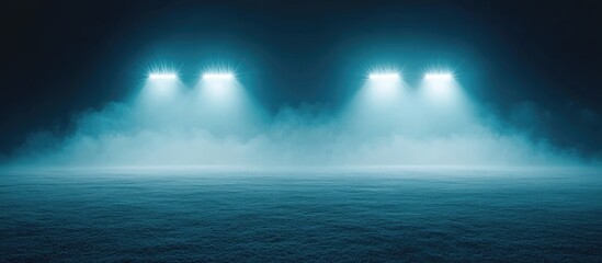 Mysterious foggy sports arena illuminated by two bright blue lights against a dark background creating an atmospheric sports setting.