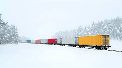 Obraz premium Freight Train Traveling Through Snowy Landscape With Colorful Cargo Containers In Winter Season