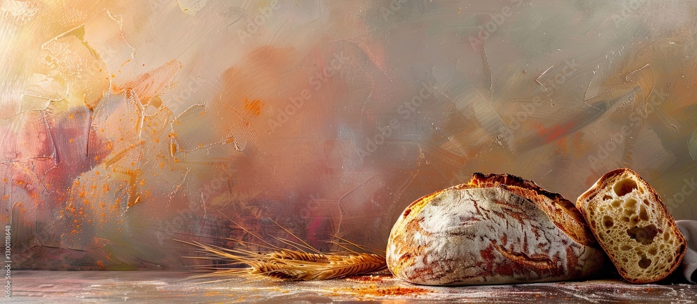 Poster artisan sourdough loaf and sliced piece on rustic table with soft pastel tones of beige and orange i