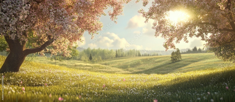 Poster serene spring landscape with blooming trees in soft pink and green fields under a bright sun illumin