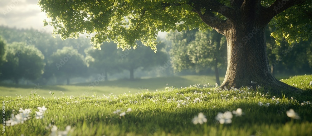 Poster lush spring meadow featuring a large tree with vibrant green leaves on the left, soft sunlight filte