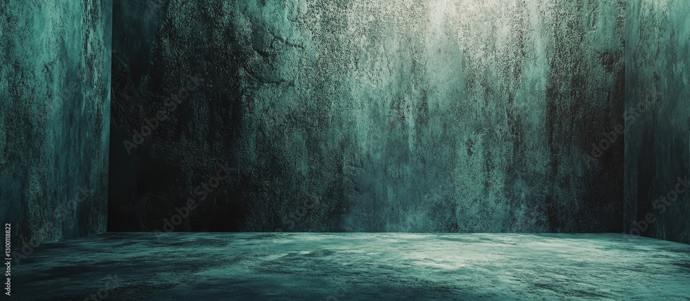 Fototapete panoramic view of textured concrete walls in shades of teal and gray with dramatic lighting creating