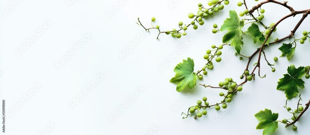 Poster fresh green grapevine branch with clusters of grapes against a clean white background; leaves positi