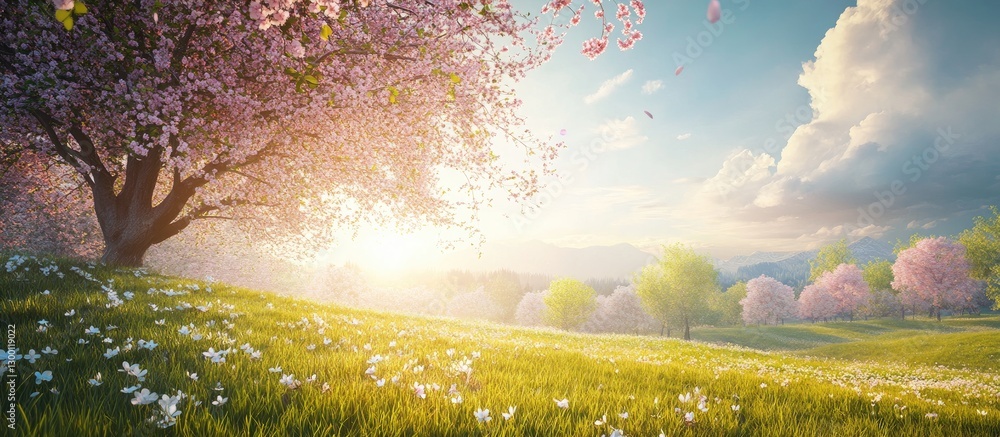 Poster spring landscape with a blooming tree in pink hues on the left, lush green grass foreground, and a b