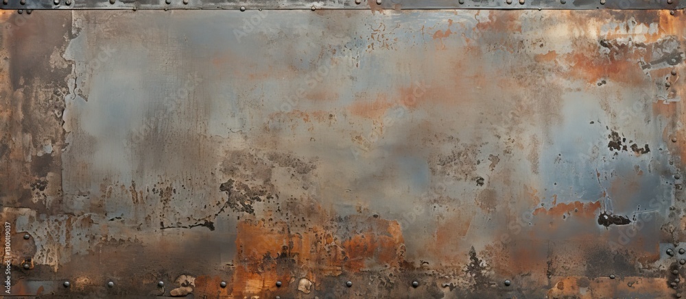 Poster Aged metal texture with rust spots and rivets in shades of gray and orange, featuring a worn and weathered surface for copy space design.