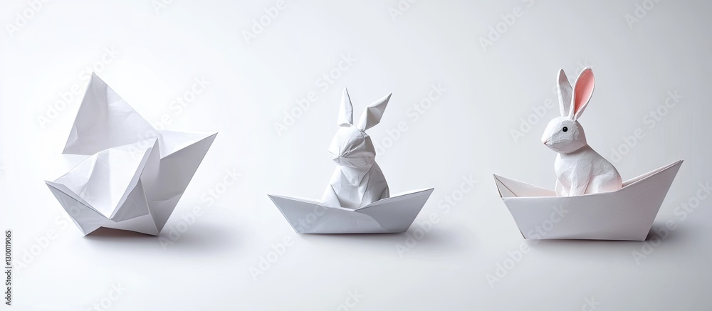 Poster white origami figures of a boat, rabbit, and plane arranged on a light background with soft shadows 