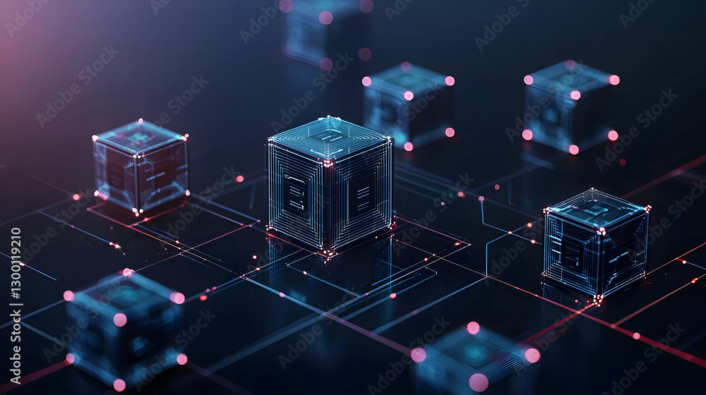 Poster abstract digital cubes connected by lines representing technology network in blue and red tones