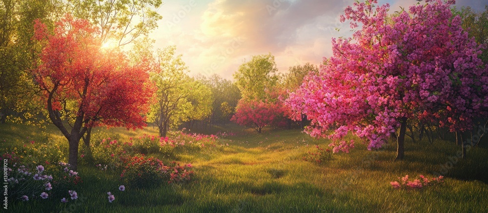 Poster lush spring landscape featuring pink and white blossoming trees in a serene meadow illuminated by wa