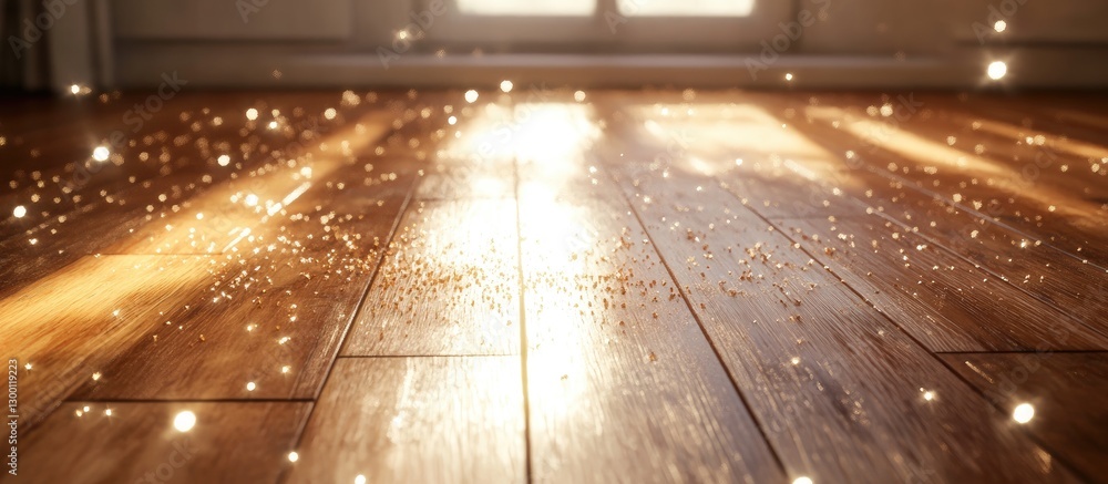 Poster magical fairy dust shimmering on a polished wooden floor with warm sunlight beams creating an enchan