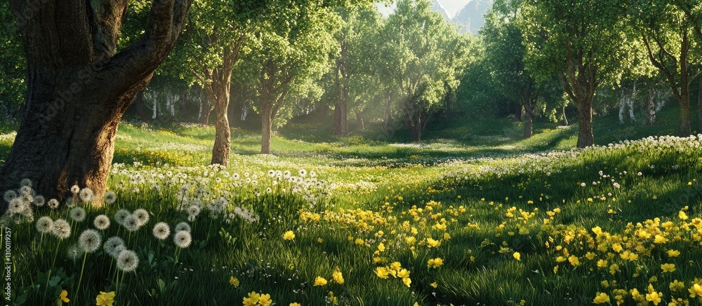 Poster tranquil spring landscape featuring vibrant green grass dandelions and wildflowers under soft sunlig