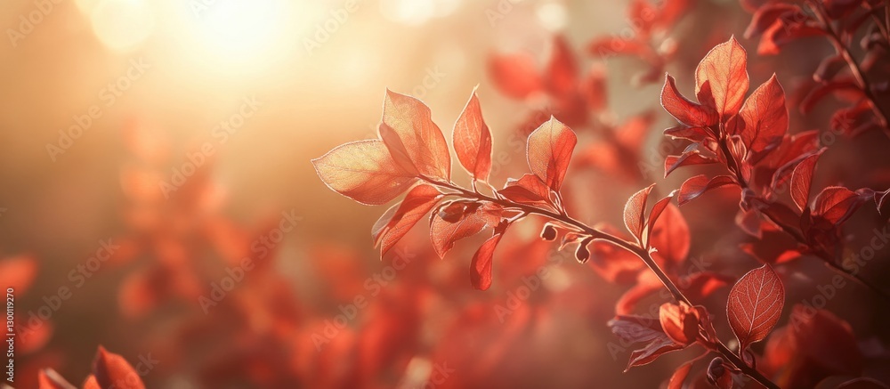 Poster soft sunlight filters through vibrant red and orange leaves, casting a warm golden glow and creating