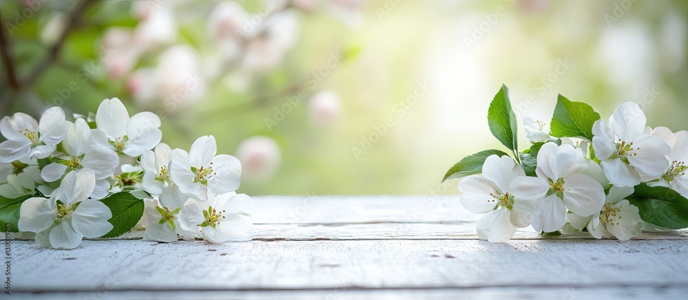 Poster white blossoms framing a rustic white wooden table with a blurred green background, creating a seren