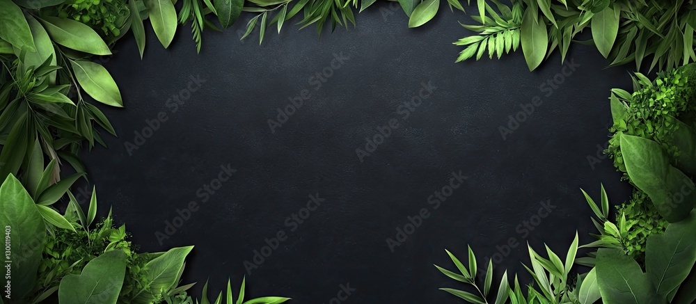 Poster lush green foliage frame featuring a variety of leaves with a dark textured background creating a fr