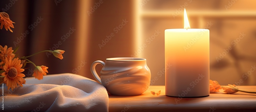 Poster warm candlelight casting a gentle glow in a cozy room with a white ceramic cup and soft fabric on a 