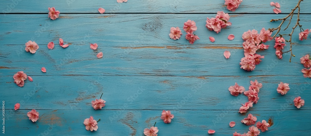 Poster cherry blossom flowers in soft pink scattered on a vibrant blue wooden backdrop creating a serene sp