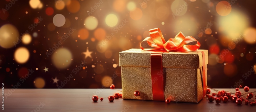 Poster Gift box with red ribbon and bow on a wooden surface. Blurred warm bokeh background with gold and orange lights creating a festive atmosphere.