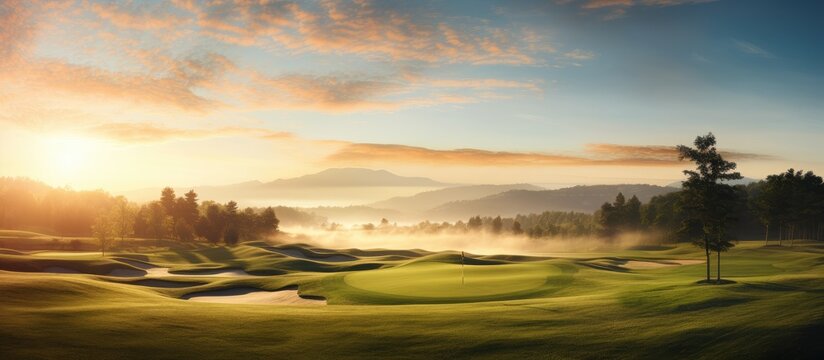 Panoramic view of a sunlit golf course at dawn with vibrant green fairways and misty landscape under a soft orange sky