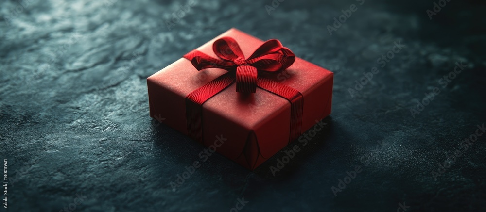 Poster red gift box with a neat bow positioned centrally on a dark textured surface, ideal for e-commerce g