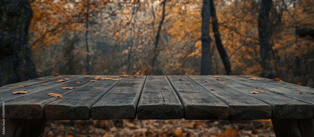 Poster Rustic wooden table positioned centrally with blurred autumn forest background in warm hues of orange and brown ideal for product display