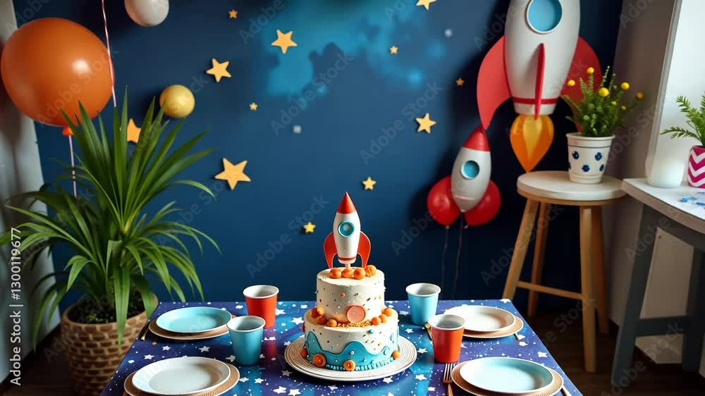 Poster a birthday party with a rocket cake and a rocket on the wall. there are also balloons and a potted p