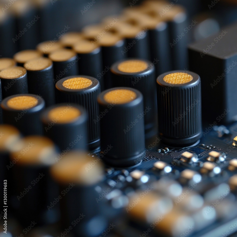 Poster close-up of audio interface knobs: high-resolution image of professional mixing console details