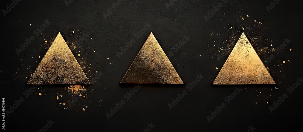 Aufkleber golden triangular shapes on a dark textured background, arranged in a row, featuring subtle dust and